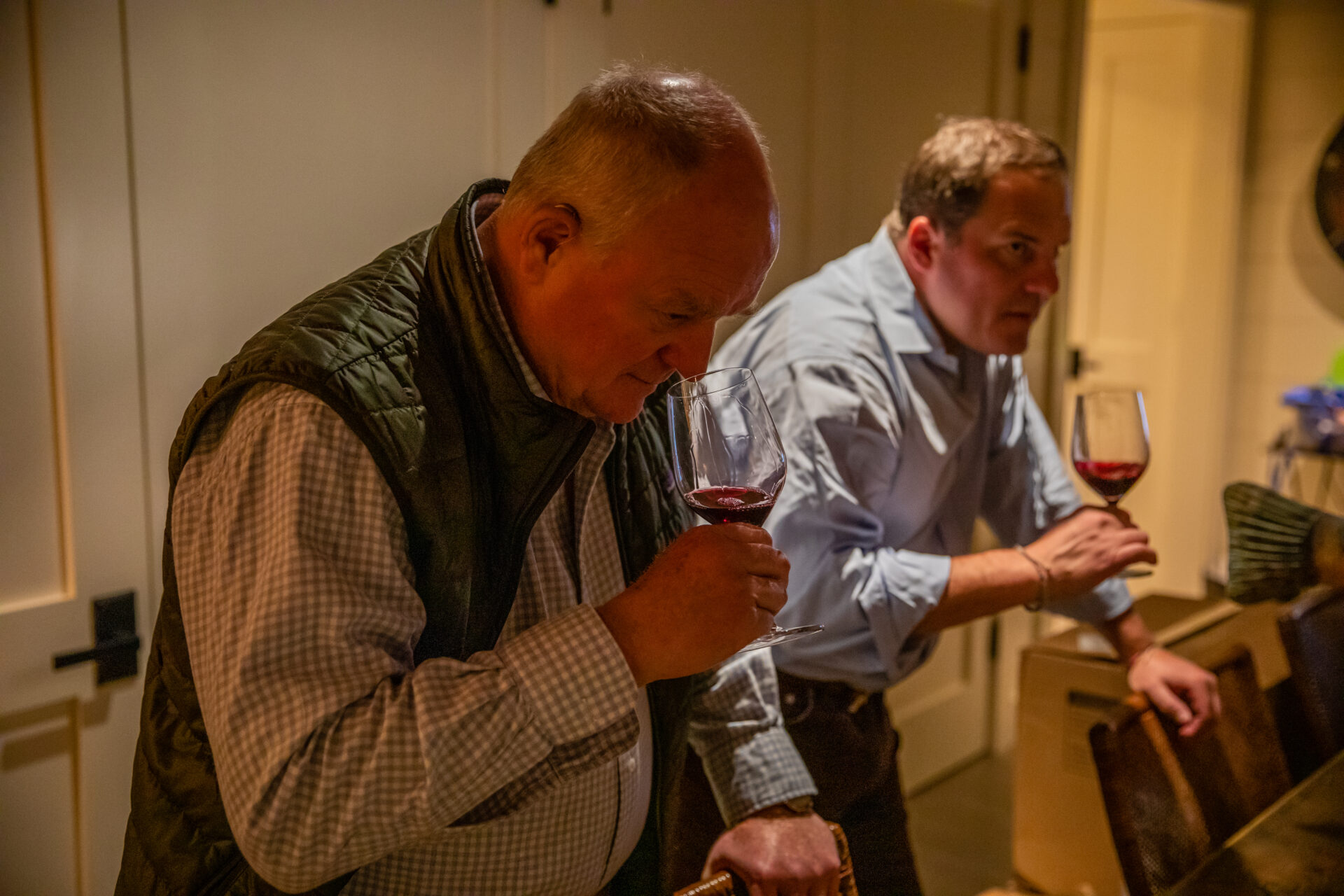 Joe and Tripp Donelan tasting wine during blending trials