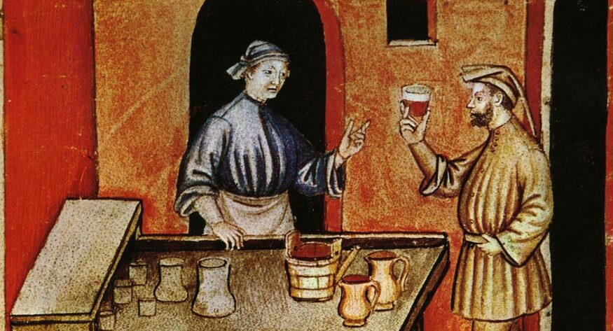 medieval painting of two people studying wine